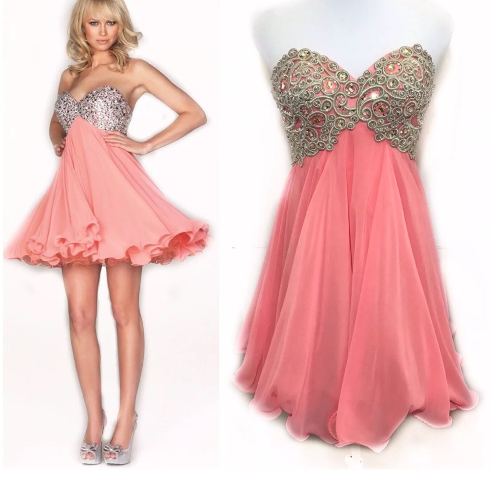 Evenings by Allure Elegant Pink Strapless Beaded Dress